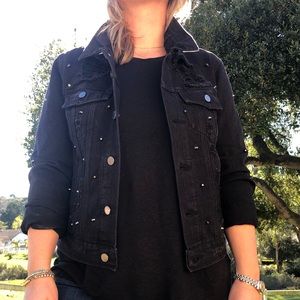 NWT Distressed ripped black jean jacket with studs